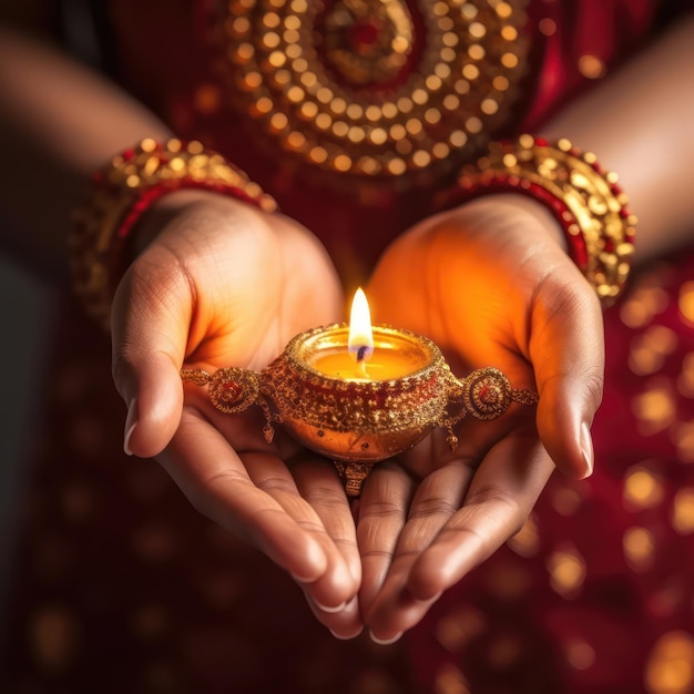 Diwali Festival delle luci celebrazione Lampada Diya nelle mani della donna da vicino