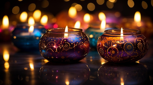 Diwali Festival Night Sky Palloncini stellati e candele illuminate