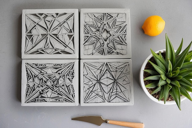 DIY Concrete Coaster Wall Art con modelli geometrici