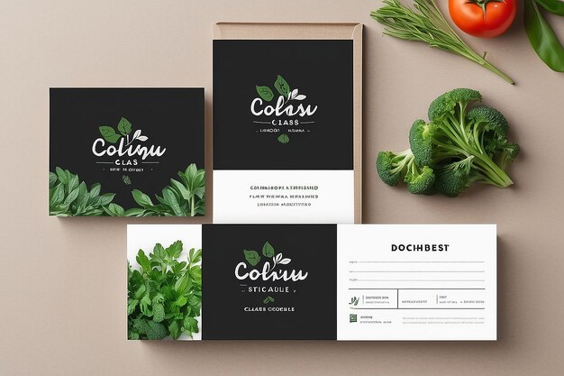 DIY PlantBased Cooking Class Recipe Cards Signage Mockup con spazio vuoto per posizionare il tuo logo