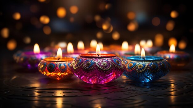 Diyas decorativi per sfondo e biglietti di Diwali Generative Ai