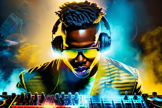 DJ afroamericano professionista in cuffia con mixer audio in discoteca