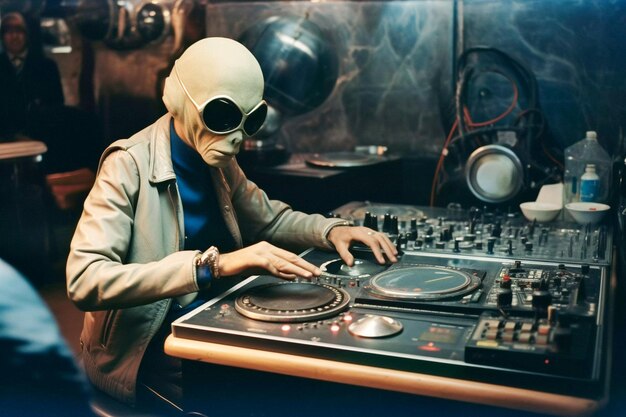 Dj Alien a bordo illustrazione in stile vintage Illustrazione del retrofuturismo anni '70 generato dall'intelligenza artificiale