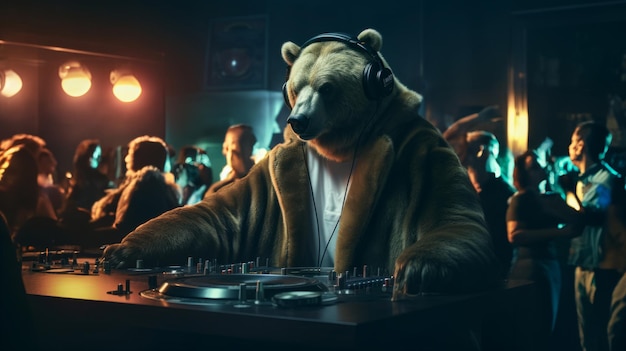 DJ Bear suona in un club musicale notturno per un pubblico che balla