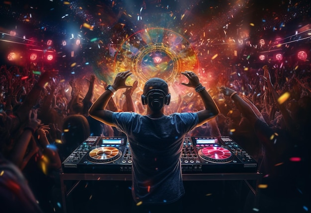 DJ che suona e mixa musica nella festa in discoteca di notte Club di musica da ballo EDM con folla