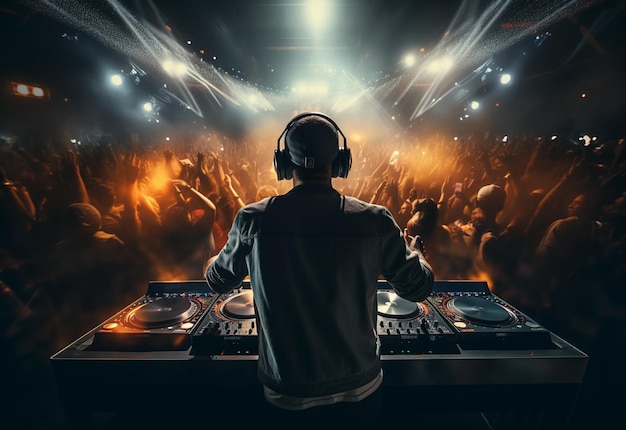 DJ che suona e mixa musica nella festa in discoteca di notte Club di musica da ballo EDM con folla