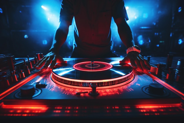 DJ che suona musica in un nightclub ad una festa con un mixer Generative ai