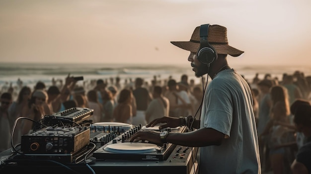 DJ che suona musica per una festa in spiaggia IA generativa
