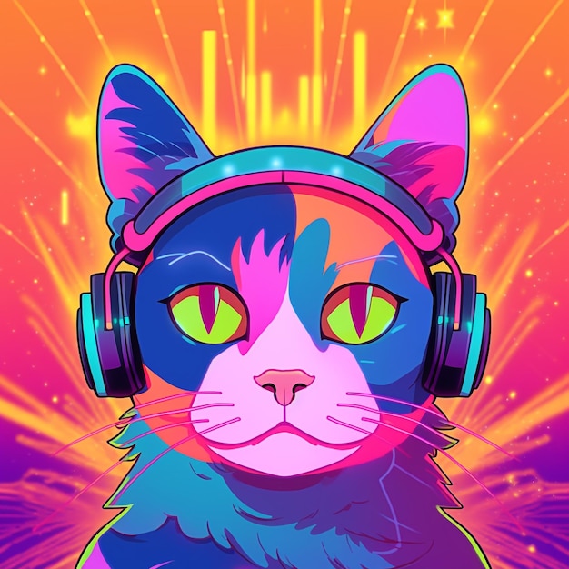 DJ di gatto con le cuffie in stile vaporwave