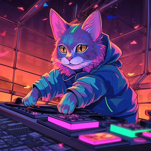 DJ di gatto con le cuffie in stile vaporwave