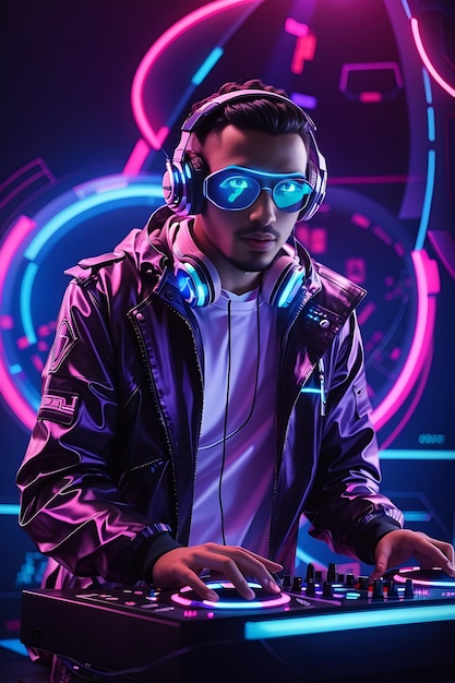 DJ futuristico con luci al neon