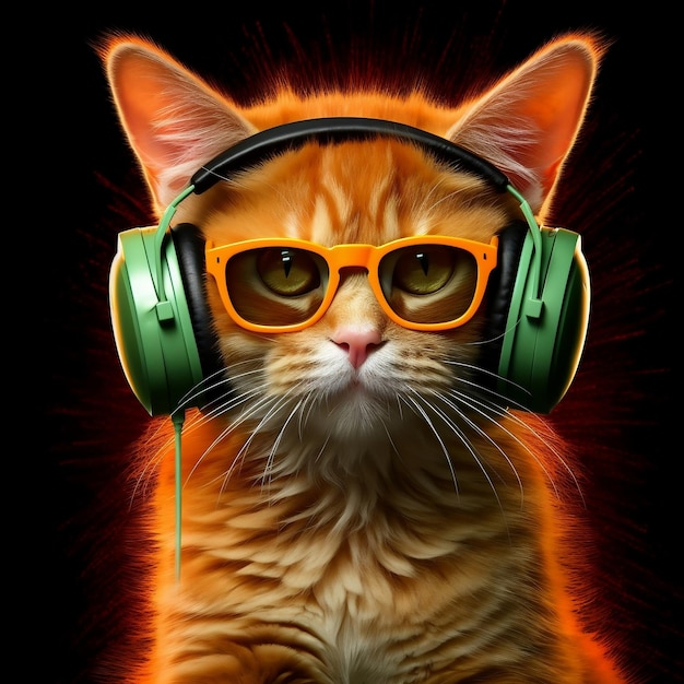 DJ Ginger Cat indossa occhiali da sole e cuffie che riproduce musica IA generativa