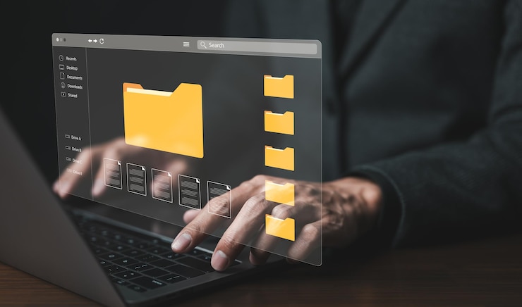 Photo dms document management system concept businessman using computer to manage document files in folders folder file storage on cloud share database online software for archiving and company data