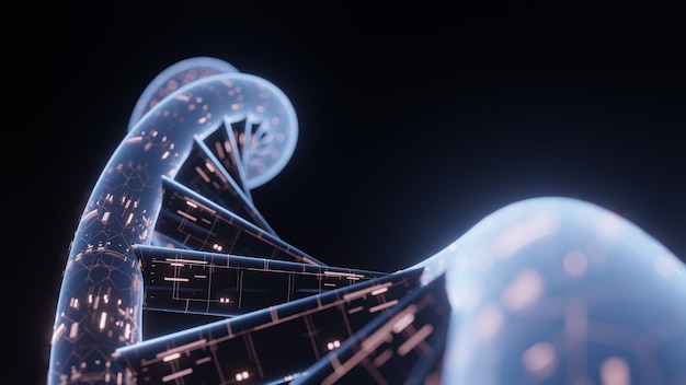 DNA a forma di spirale con dati di circuiti digitali luminosi