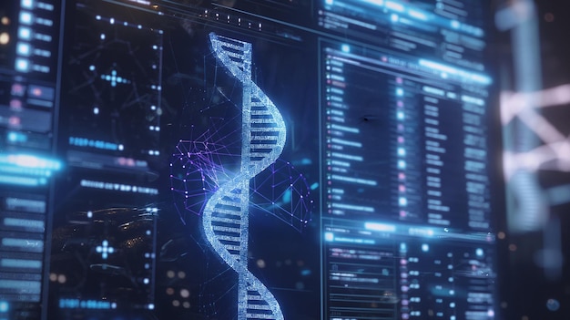 DNA hologramma di schermo medico scienza hud analisi dei dati corpo background di ricerca
