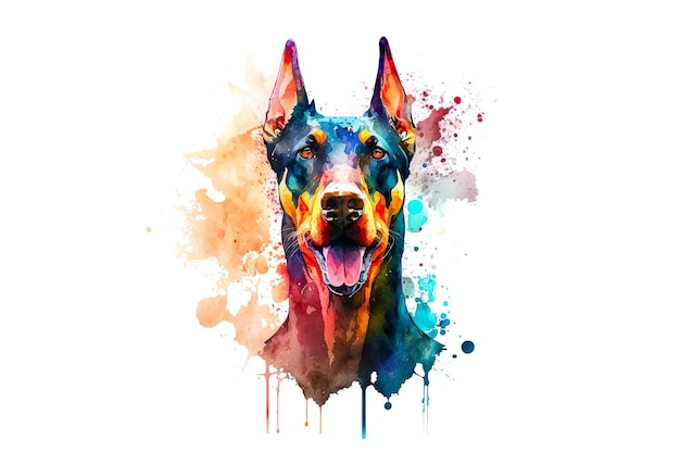 Doberman disegnato con acquerelli multicolori isolati su sfondo bianco Generato da AI