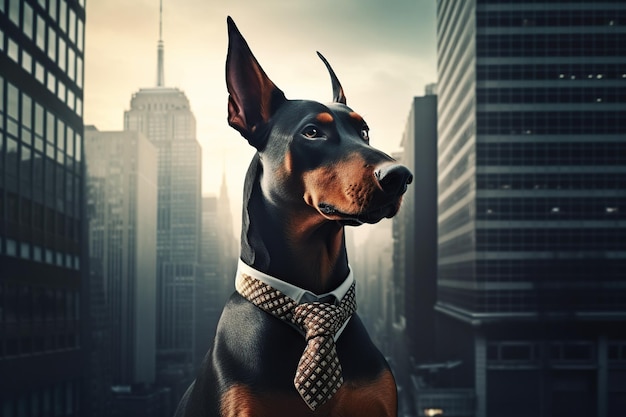 Doberman in un abito da uomo classico sullo sfondo di un concetto di affari di una grande città ai generativo