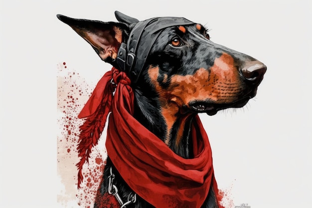 Doberman pinscher in bandana rossa pronto per l'avventura creata con l'IA generativa