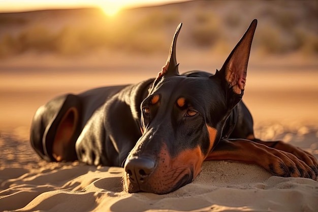 Doberman pinscher sdraiato sulla spiaggia con la testa al sole creata con l'IA generativa