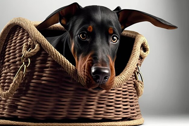 Doberman pinscher seduto in una cesta con la testa sospesa sul lato creato con l'IA generativa