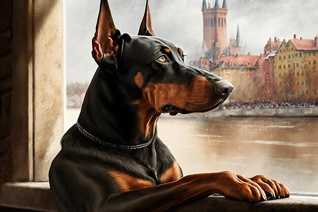 Doberman pinscher seduto sul davanzale della finestra che guarda la vista creata con l'IA generativa