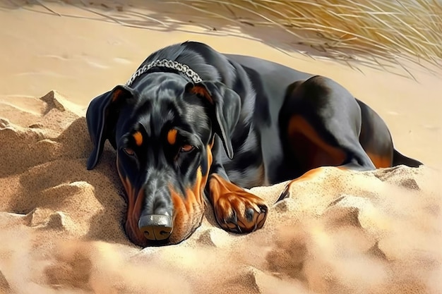 Doberman sdraiato sulla spiaggia riscaldata dal sole con la testa appoggiata sulle zampe create con l'IA generativa