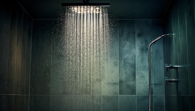 Doccia a pioggia dal design moderno, l'acqua che scorre dalla doccia si chiude con un moderno bagno interno con doccia cromata