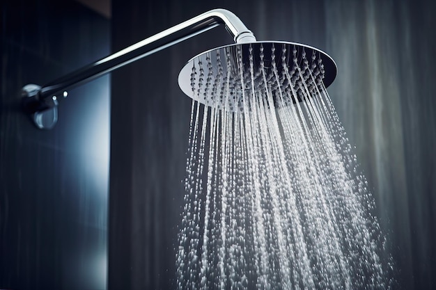Doccia rinfrescante con spruzzo d'acqua Acqua che scorre dalla testa della doccia e dal rubinetto nel bagno moderno