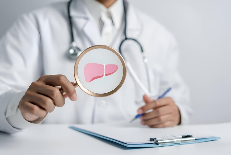 Docotr holding Magnifier focus to liver organ icon vaccinazione contro l'epatite trattamento del cancro al fegato controllo della salute e concetto di cancro al fego