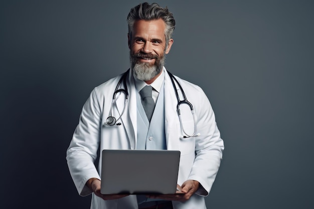 Doctor_male_with_laptop_over_gray_background