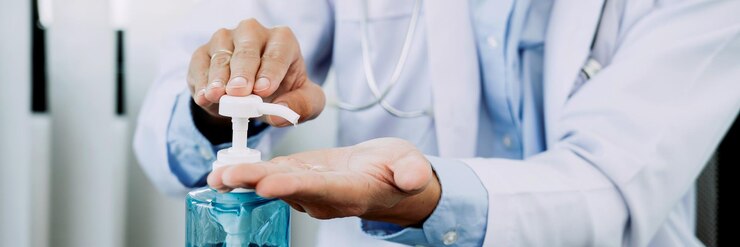Doctor pressed his hand on the bottle of hand sanitizer