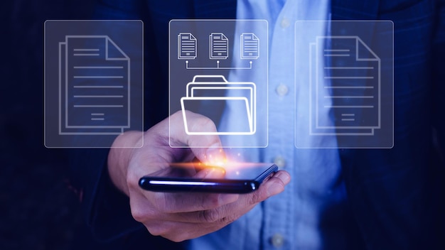 Document Management System DMS being setup IT consultant working on smartphone Software for archiving searching and managing corporate files information