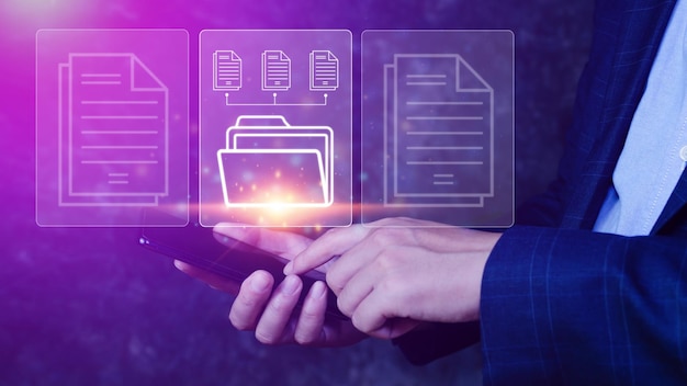 Document Management System DMS being setup IT consultant working on smartphone Software for archiving searching and managing corporate files information