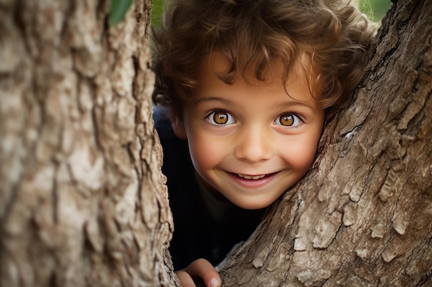 Documenta le espressioni adorabili e maliziose dei bambini che si nascondono dietro una foto di un albero AI generativa