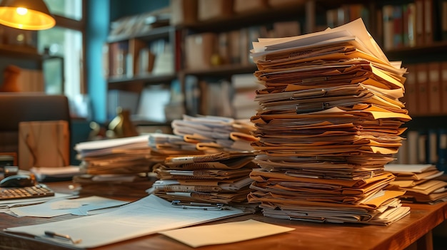 Documenti ammucchiati sulla scrivania al lavoro pile di documenti sulla scrivanea in ufficio AI generativa