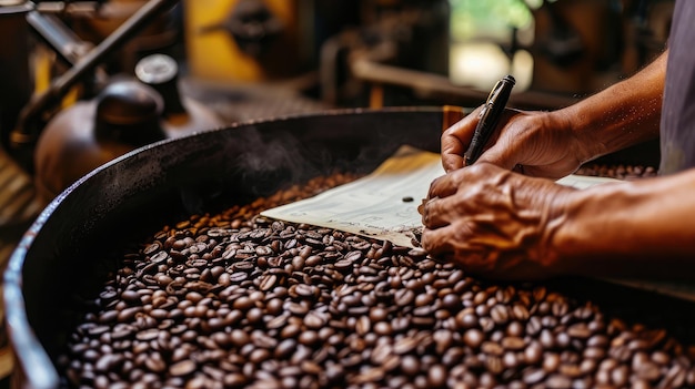 Documento firmato a mano sulla tostatura del caffè in fabbrica