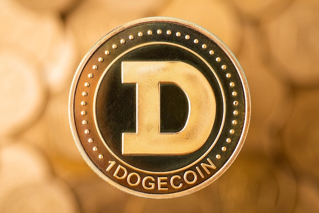 Dogecoin con sfondo di monete d'oro. Concetto di criptovaluta