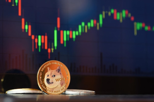 Dogecoin in piedi di fronte con lo sfondo del grafico valuta Nuovo concetto di criptovaluta