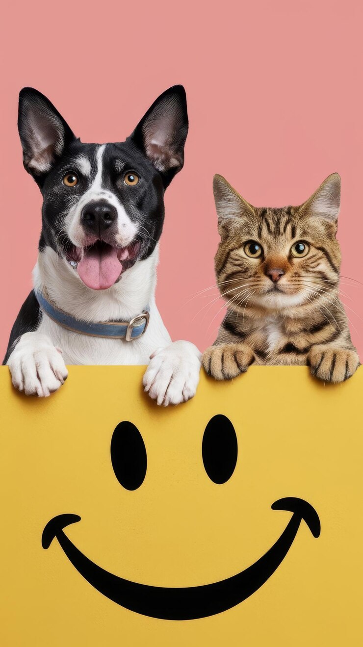 Dogs and cats peeking over the clear solid white top line petshop banner happy smile funny