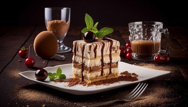 Dolce al caffè Biscotti al tiramisù e crema al mascarpone al cacao coltello e forchetta