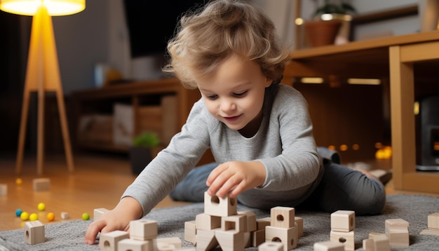 Dolce bambino caucasico che gioca con blocchi di giocattoli, impara e sorride generato dall'IA