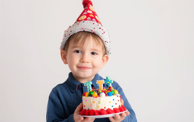 Dolce bambino sorridente che tiene una torta di compleanno