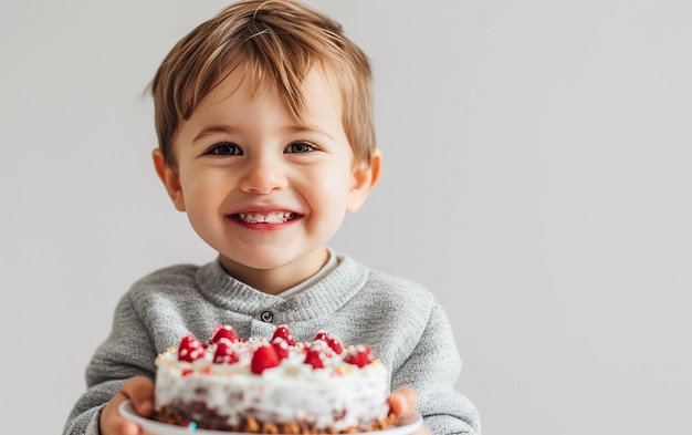 Dolce bambino sorridente che tiene una torta di compleanno