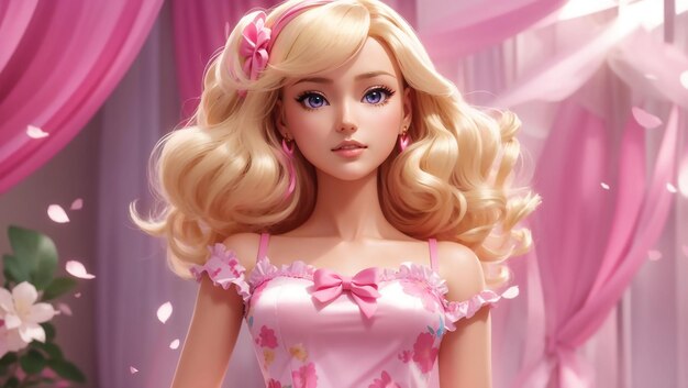 Dolce bambola Barbie bionda con un abito rosa