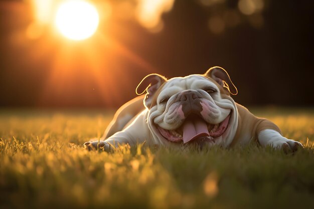 Dolce Bulldog che gioca all'aperto e copia lo spazio