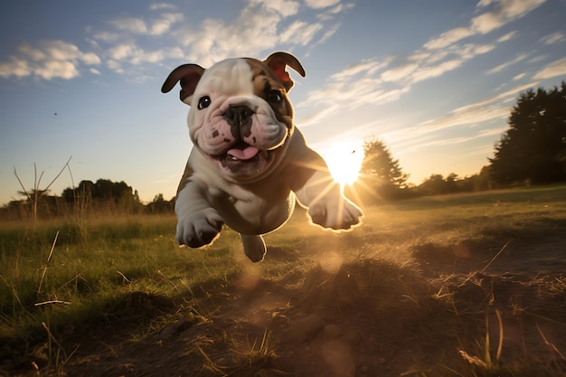 Dolce Bulldog che gioca all'aperto e copia lo spazio