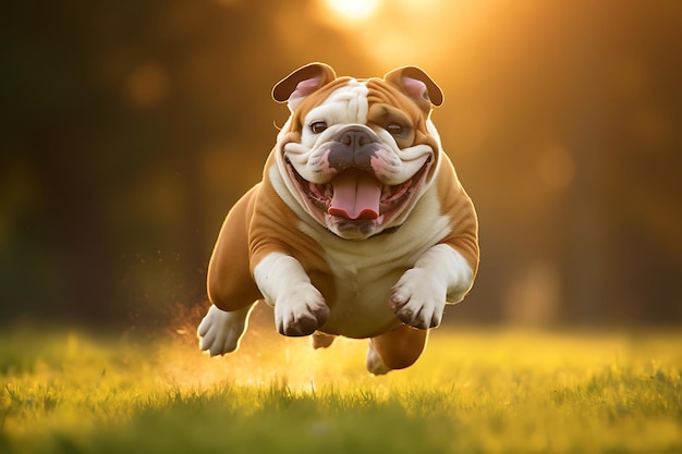 Dolce Bulldog che gioca all'aperto e copia lo spazio