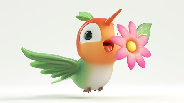 Dolce colibrì dei cartoni animati con un fiore nel becco rendering 3D