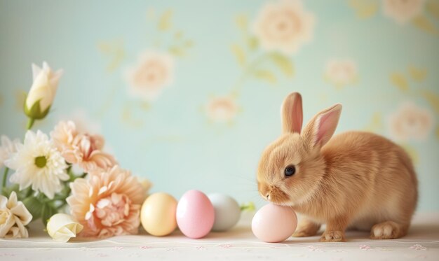 Dolce coniglietto adorabile con uova di Pasqua e fiori di primavera