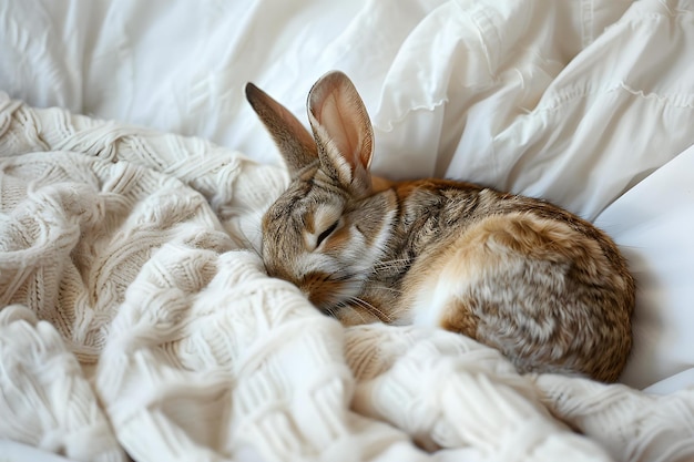 Dolce coniglietto che si gode un sonnellino riposante su una confortevole coperta bianca nel letto Concept Bunny Sleep Cosy Blanket Bed